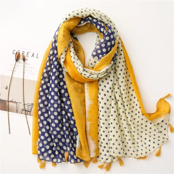 grand foulard à pois bleu jaune femme