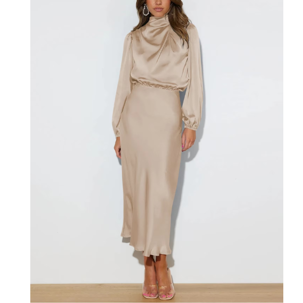 robe longue  de soirée femme en satin beige à manches longues