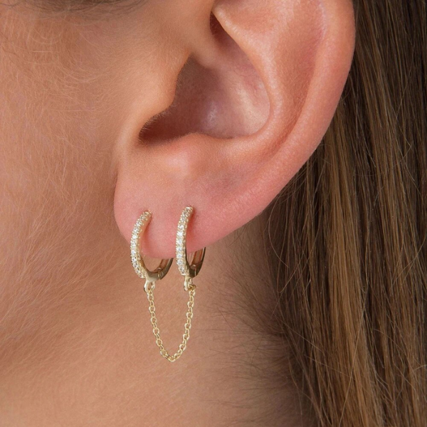 boucles d'oreilles double trou chaîne plaqué or zircons cubiques