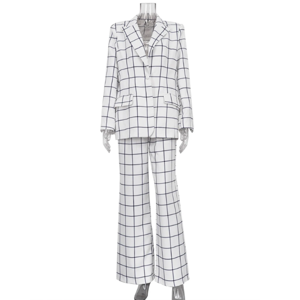 ensemble blazer pantalon évasé à carreaux blanc femme