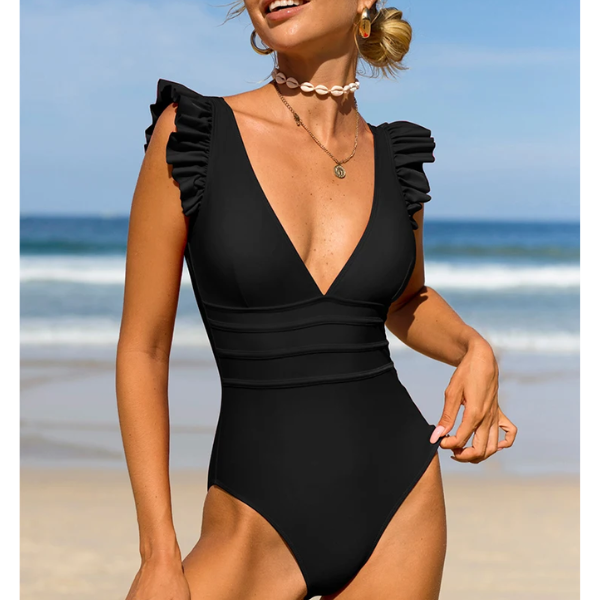 maillot de bain une pièce femme noir à volants