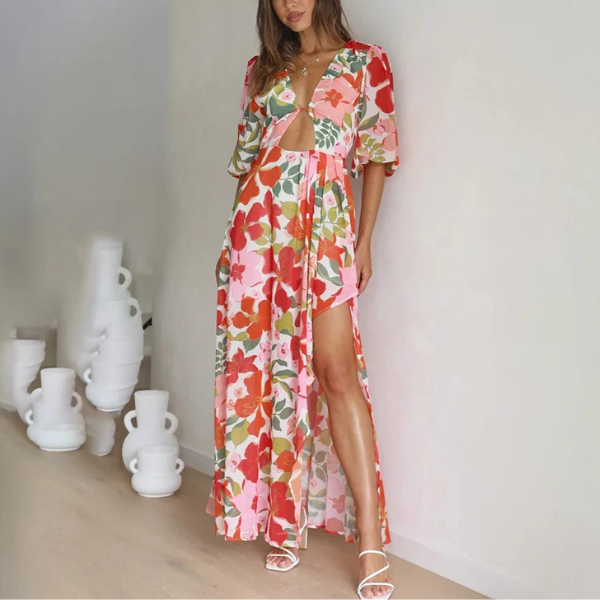 robe longue fendue imprimée fleurie femme
