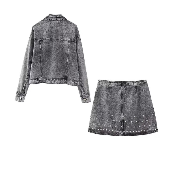 ensemble veste jupe denim à clous argentés femme