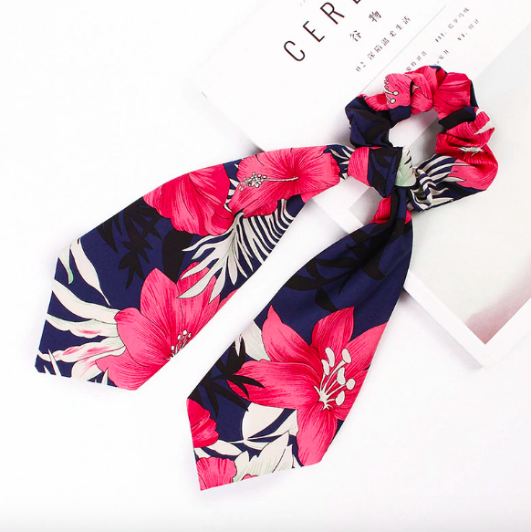 Foulard chouchou élastique accessoire cheveu bohème imprimé floral bleu rose