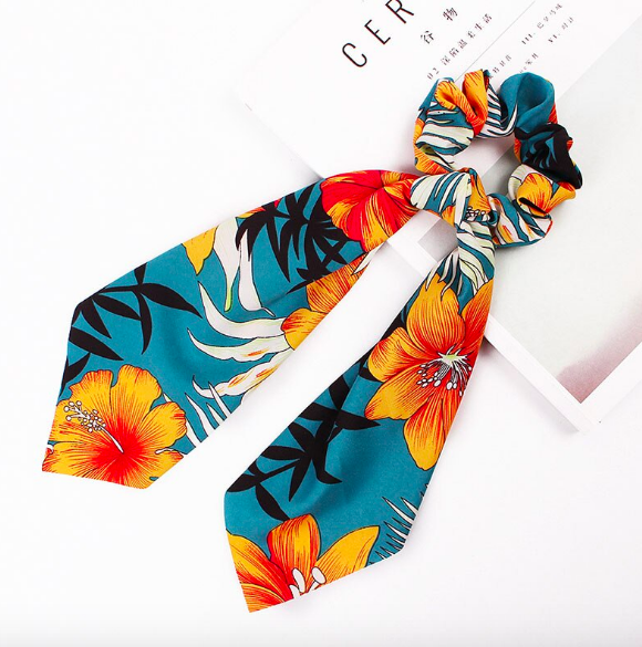 Foulard chouchou élastique accessoire cheveu bohème imprimé floral bleu orange