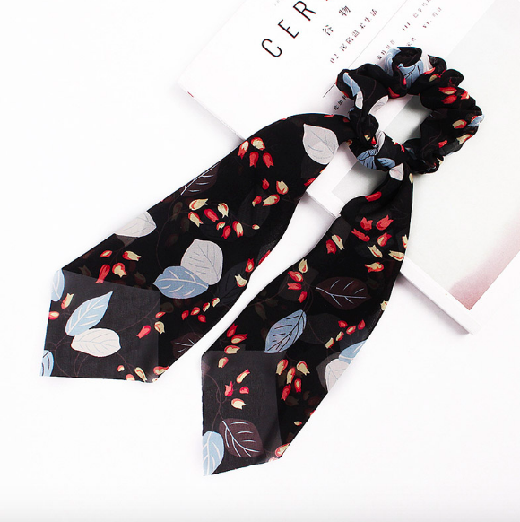 Foulard chouchou élastique accessoire cheveu bohème imprimé floral feuilles noir