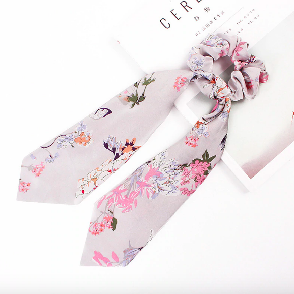 Foulard chouchou élastique accessoire cheveu bohème imprimé floral gris