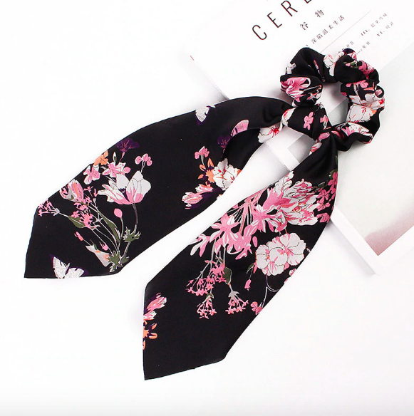 Foulard chouchou élastique accessoire cheveu bohème imprimé floral noir