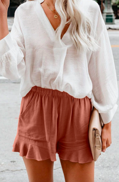 Short femme coton élastique à volants vieux rose