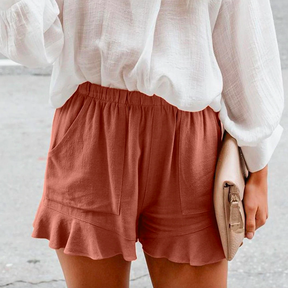 Short femme coton élastique à volants vieux rose 2