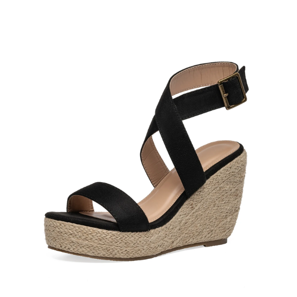 Sandales compensées noires à boucles
