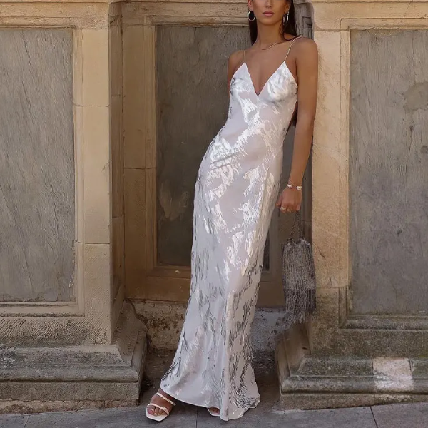 robe de soirée blanc argenté à bretelles femme