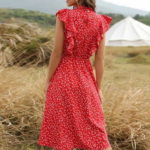 Robe imprimée volants rouge mi-longue 4