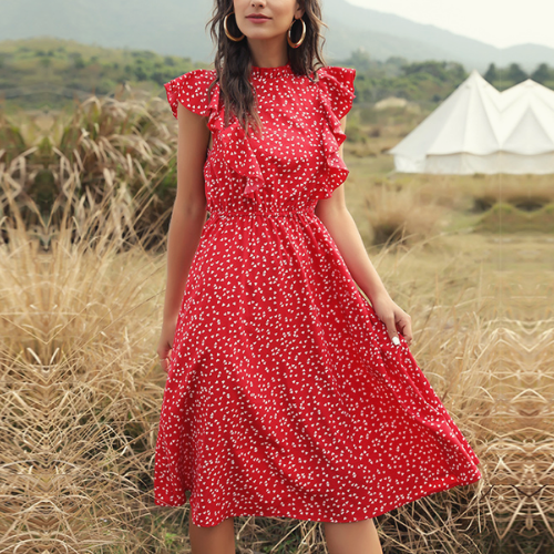 Robe imprimée volants rouge mi-longue 5