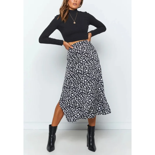 jupe longue fendue imprimée léopard noire femme