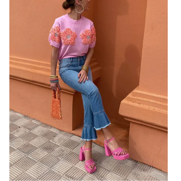 pull manches courtes fleurs tendance