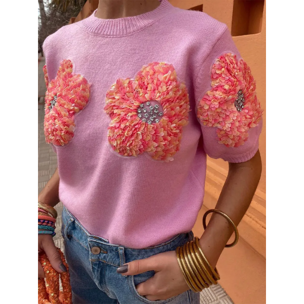 pull manches courtes fleurs rose