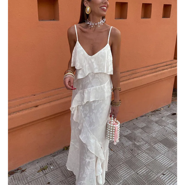 Robe longue blanche volants