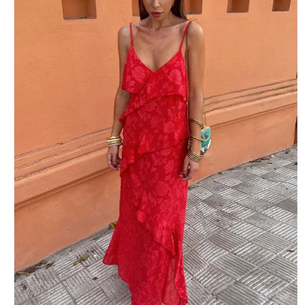 robe longue rouge volants