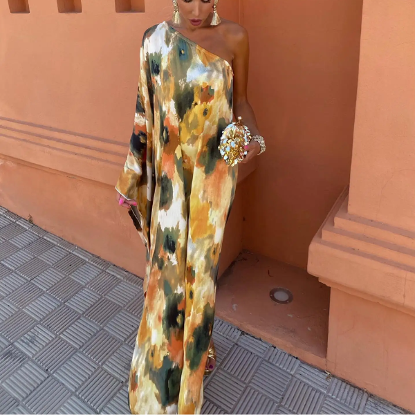 Robe longue épaule dénudée imprimée