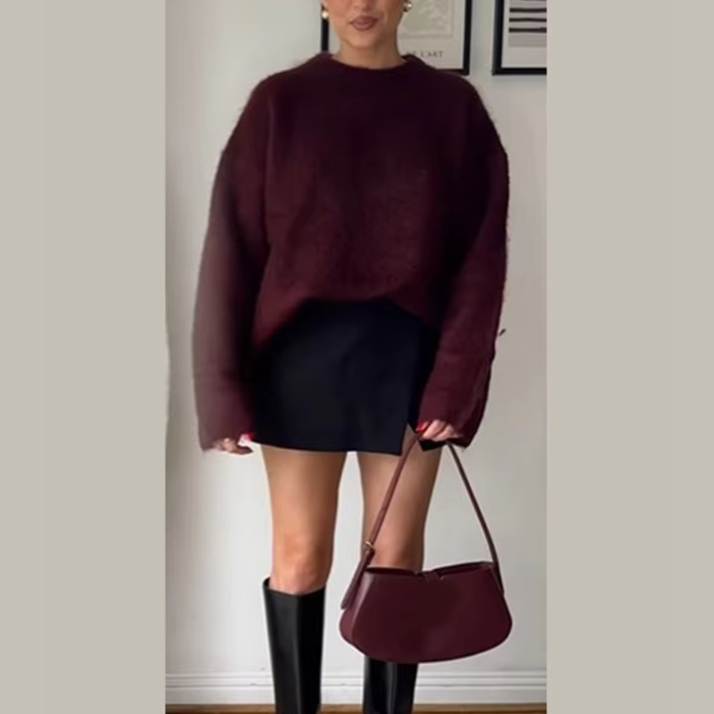 pull à col rond bordeaux femme mohair
