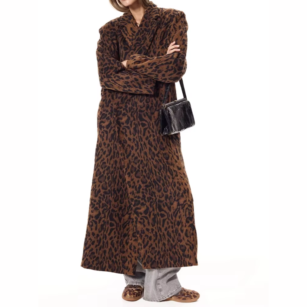 Manteau en laine à revers imprimé léopard pour femme (2)