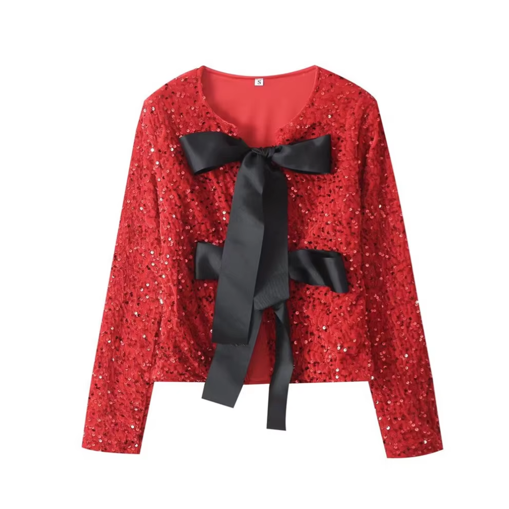 gilet paillettes noeud rouge