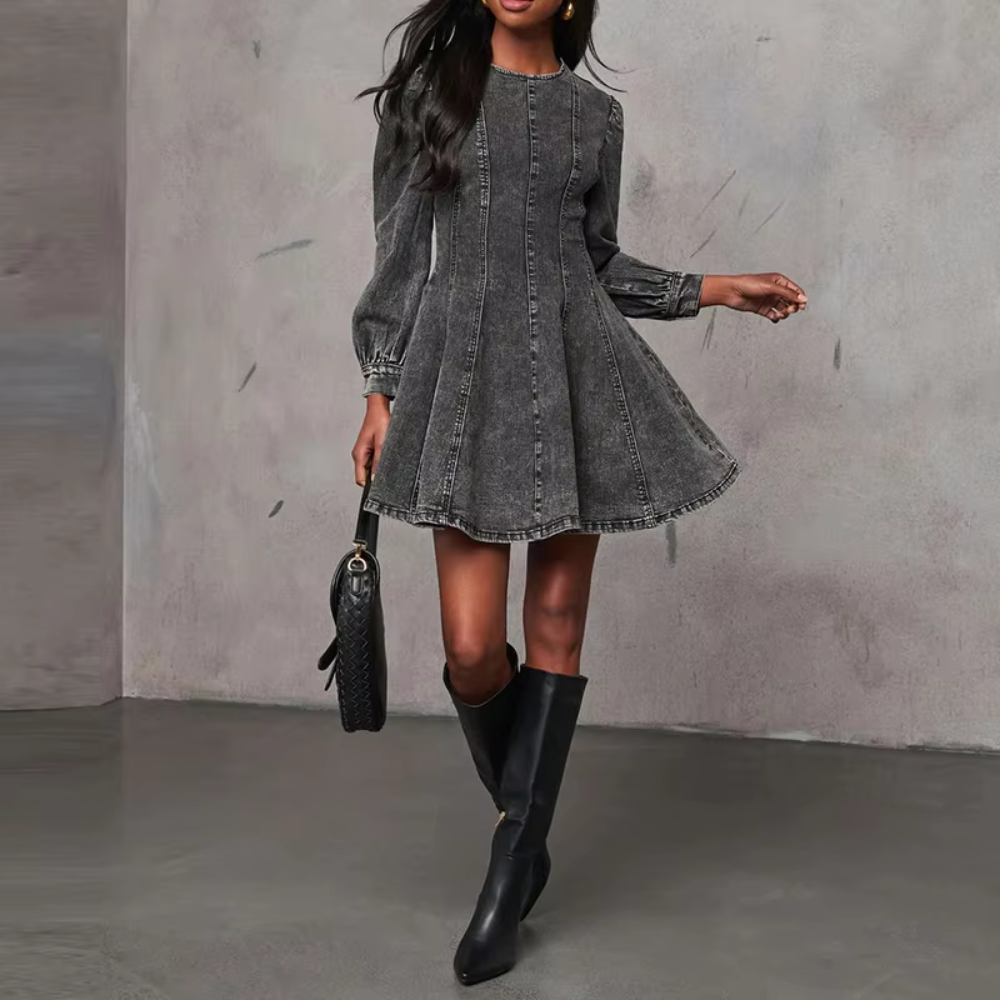 Robe en jean plissée à manches longues et col rond pour femme
