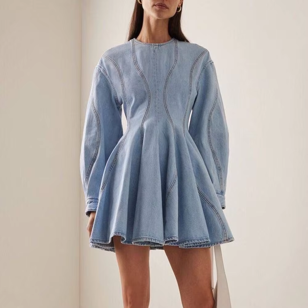 robe en jean bleu courte à manches longues