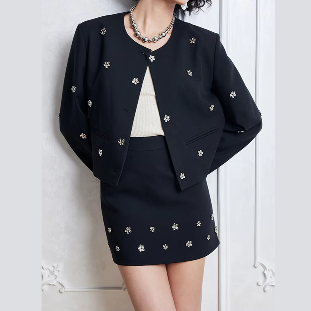 tailleur femme blazer jupe noir à strass