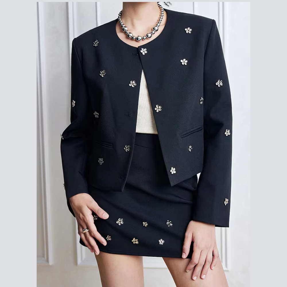 ensemble deux pièces noir veste mini jupe