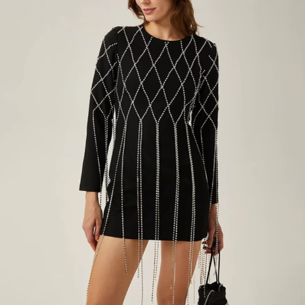 mini robe de soirée pour femme noire à strass