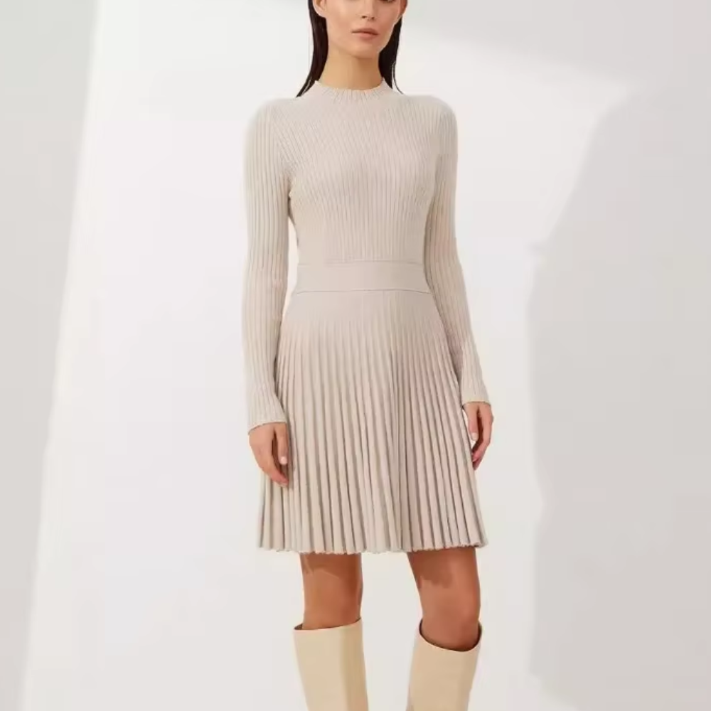 robe courte tricot plissée beige femme