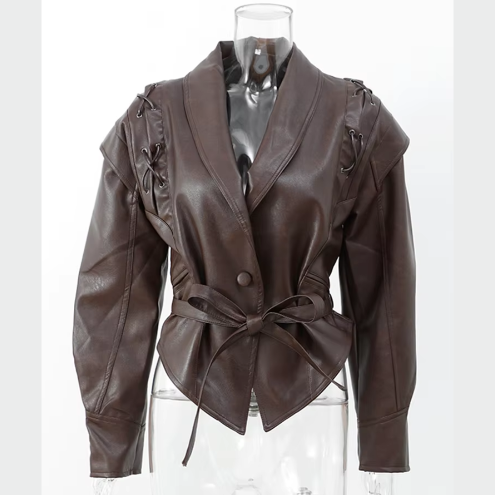 veste en cuir marron à revers chic femme