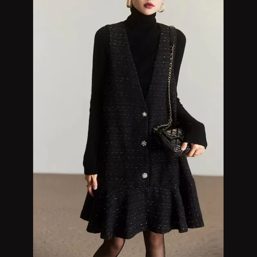 robe en tweed noir sans manches femme
