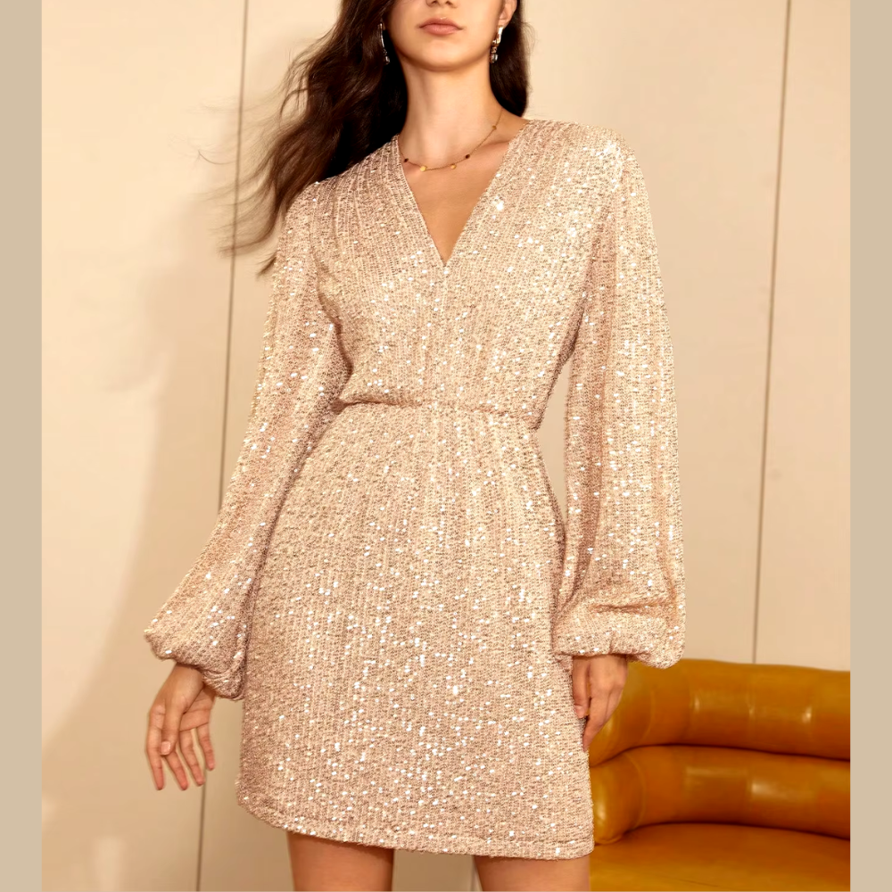 robe courte à sequins manches longues