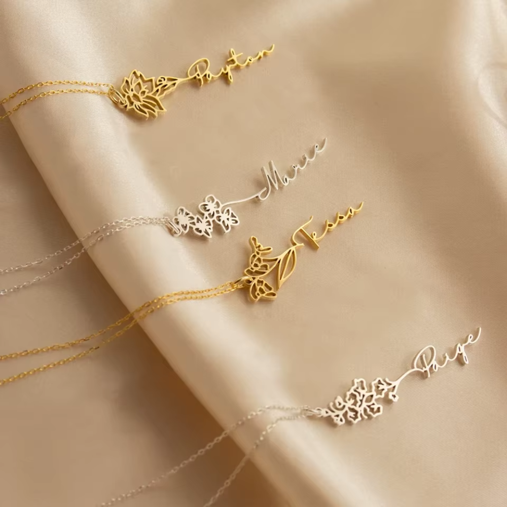 collier doré à lor fin pendentif prénom fleur personnalisé