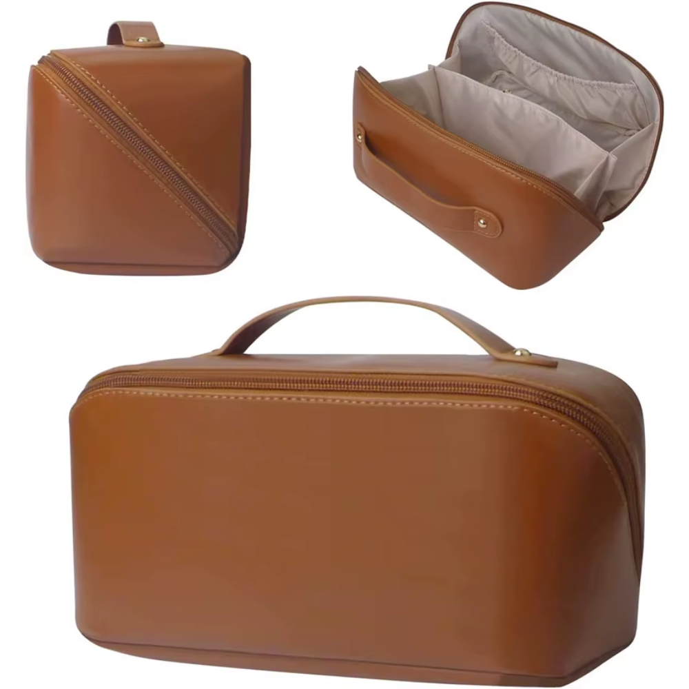 Trousse de maquillage personnalisée prénom cuir marron