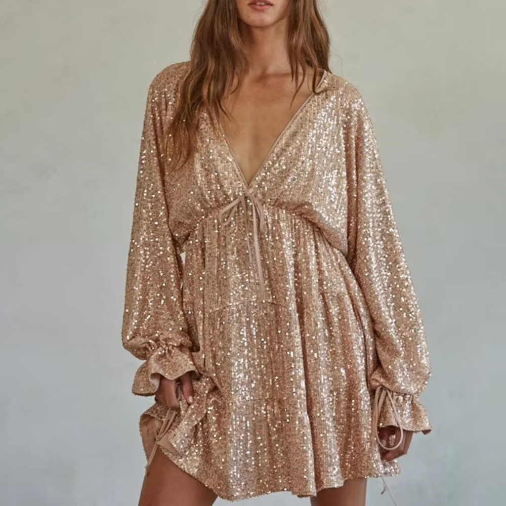 Mini robe taille haute à manches chauve-souris pour femme brilante dorée