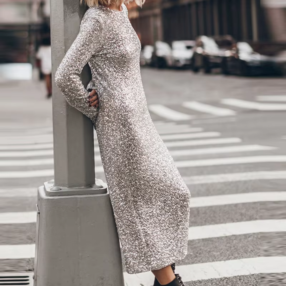 robe longue à sequins argentée femme