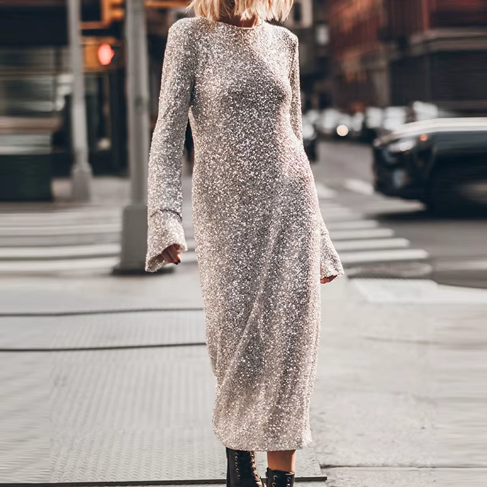 robe longue à sequins argentée