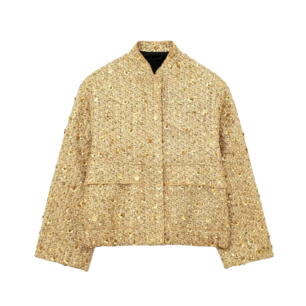 veste à paillettes brillante dorée femme