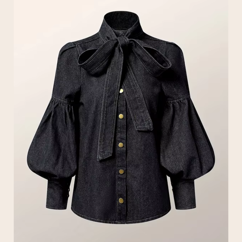 Chemisier en denim à manches bouffantes et à lacets pour femme