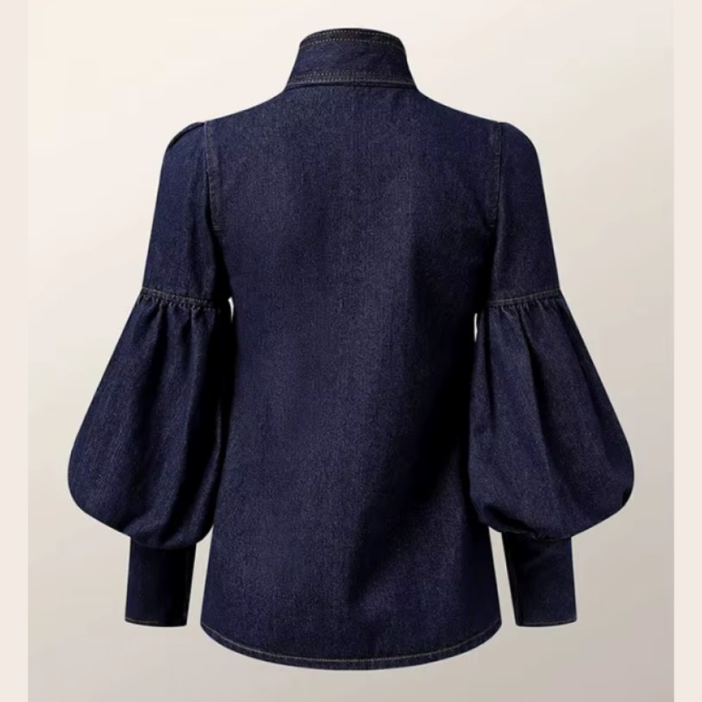 Chemisier en denim à manches bouffantes et à lacets pour femme (2)