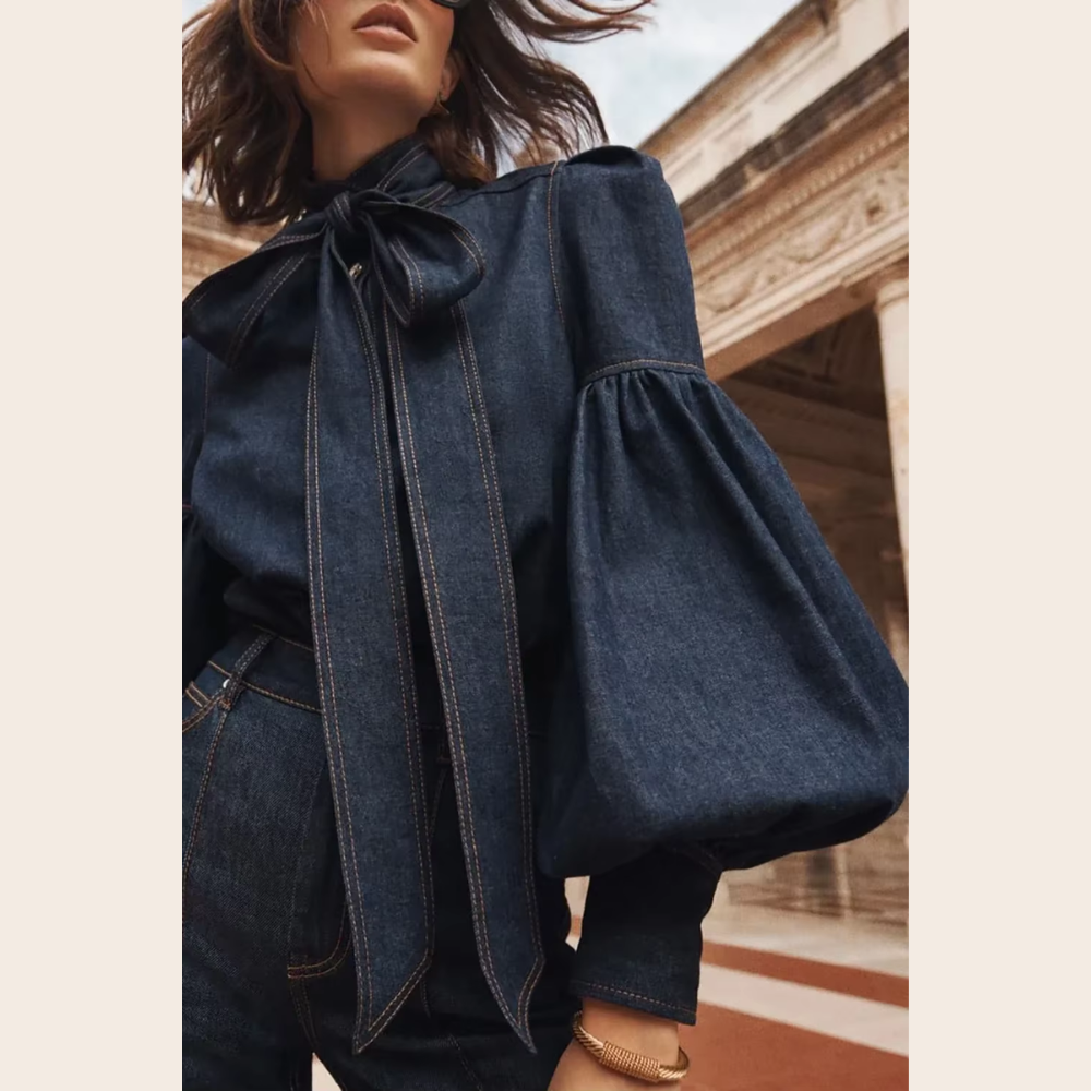 Chemisier en denim à manches bouffantes et à lacets pour femme élégante