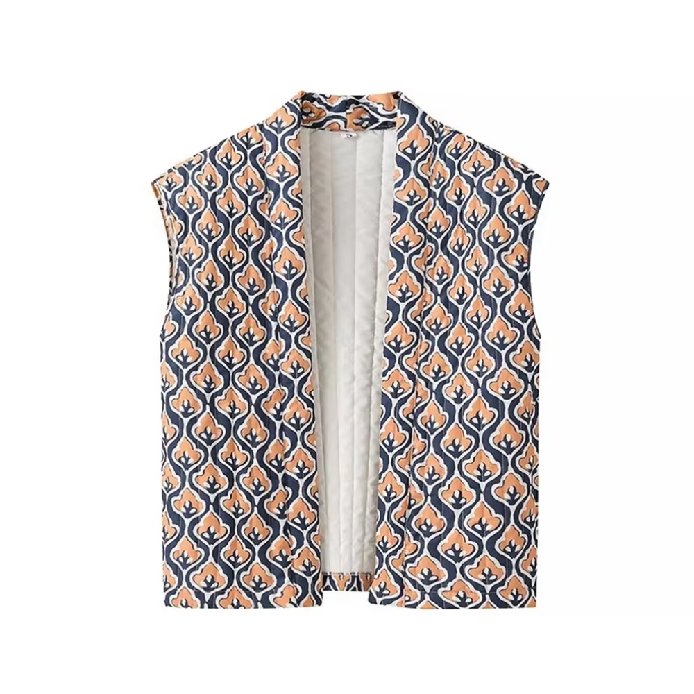 gilet matelassé sans manches imprimé marron bleu