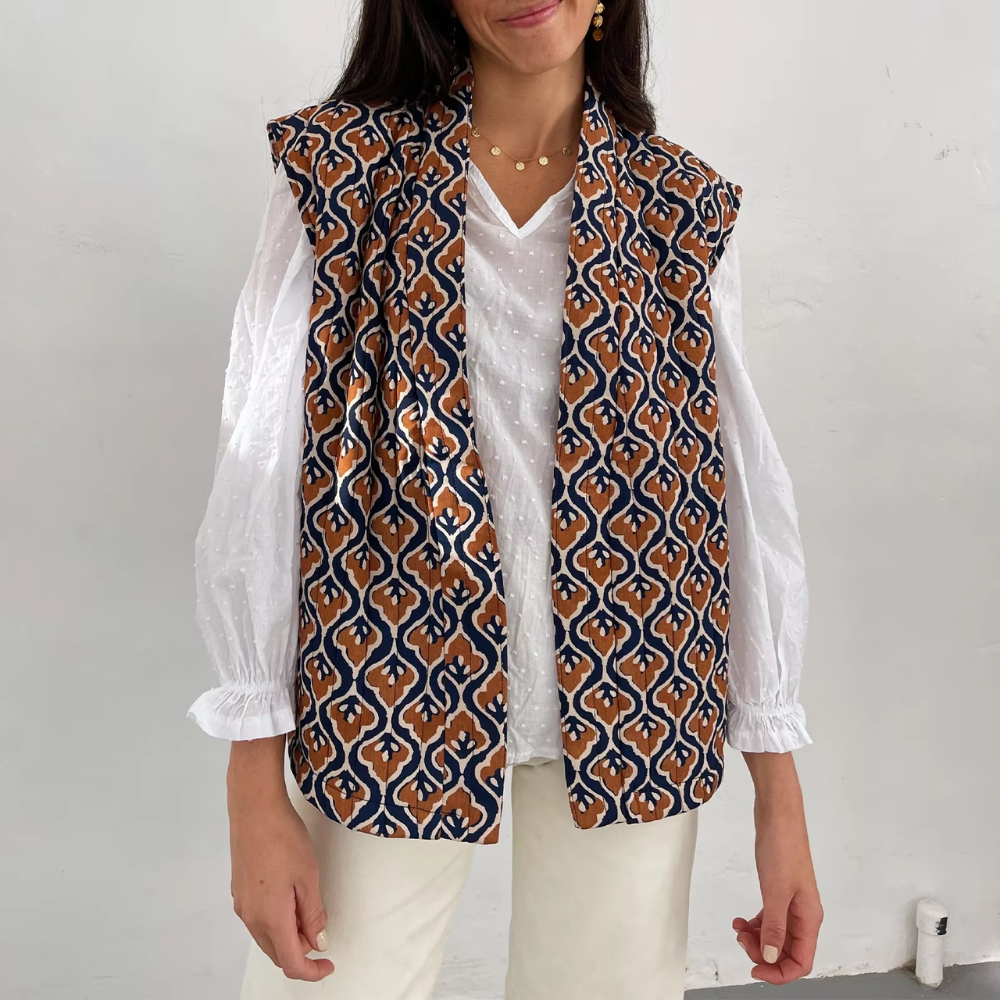 gilet matelassé sans manches imprimé marron ethnique