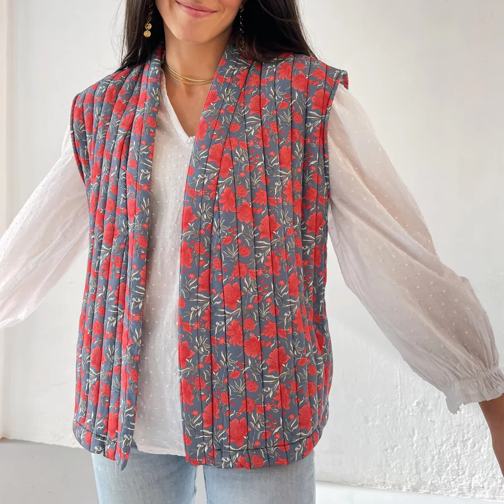 gilet matelassé sans manches imprimé rouge