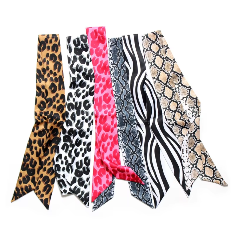 Foulard fin ruban imprimé léopard satin