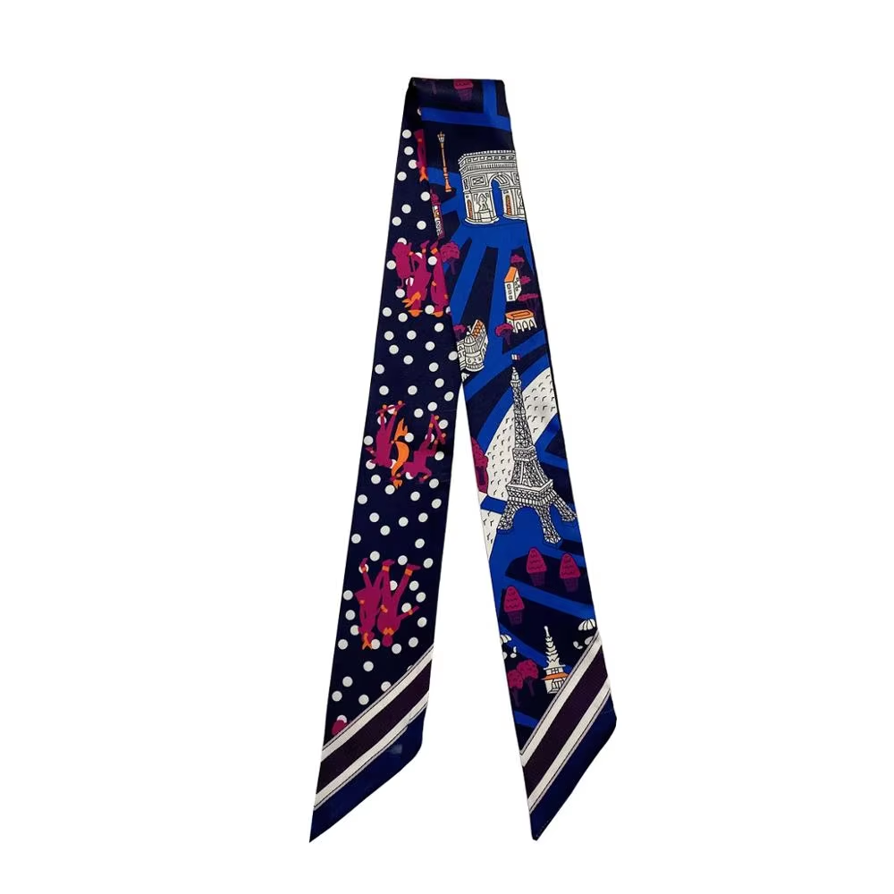 Foulard fin ruban imprimé satin noir bleu